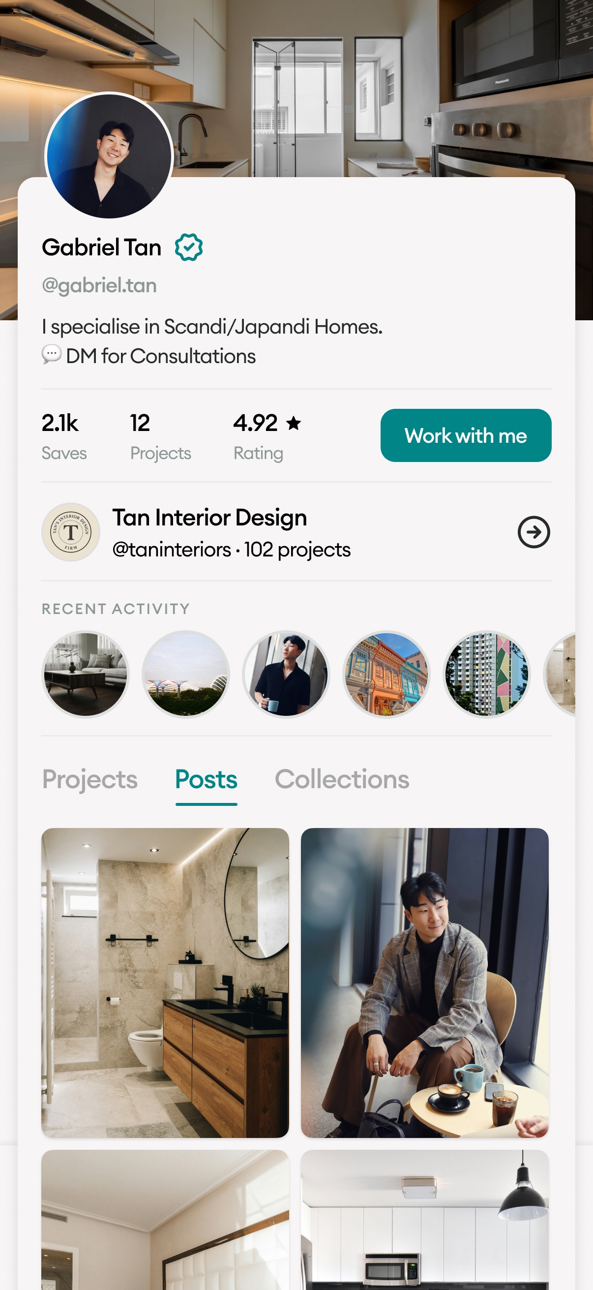 HomePay designer profile — Gabriel Tan, a verified interior designer, with saves, projects, rating and recent work
